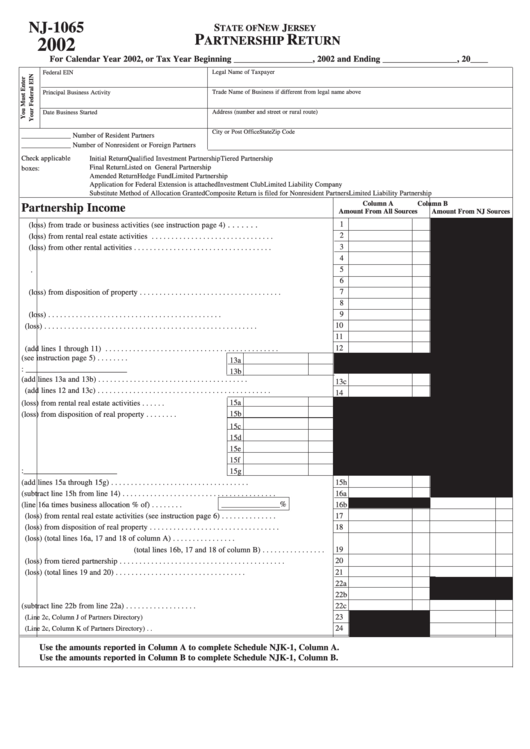 Form Nj-1065 - New Jersey Partnership Return - 2002 Printable pdf