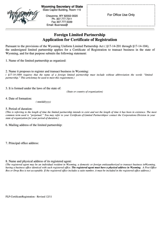 Fillable Foreign Limited Partnership Application For Certificate Of Registration - Wyoming Secretary Of State, Consent To Appointment By Registered Agent - Wyoming Secretary Of State Printable pdf