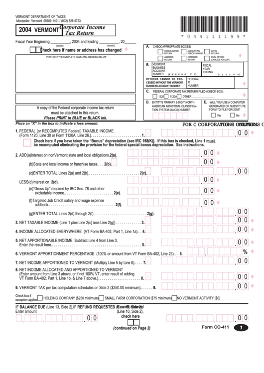 Form Co-411 - Vermont Corporate Income Tax Return - 2004