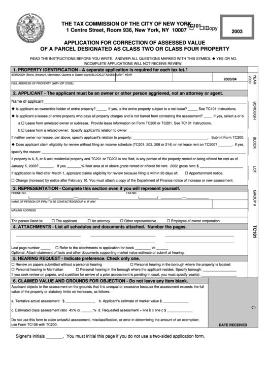 Form Tc101 -Application For Correction Of Assessed Value Of A Parcel - 2003 Printable pdf