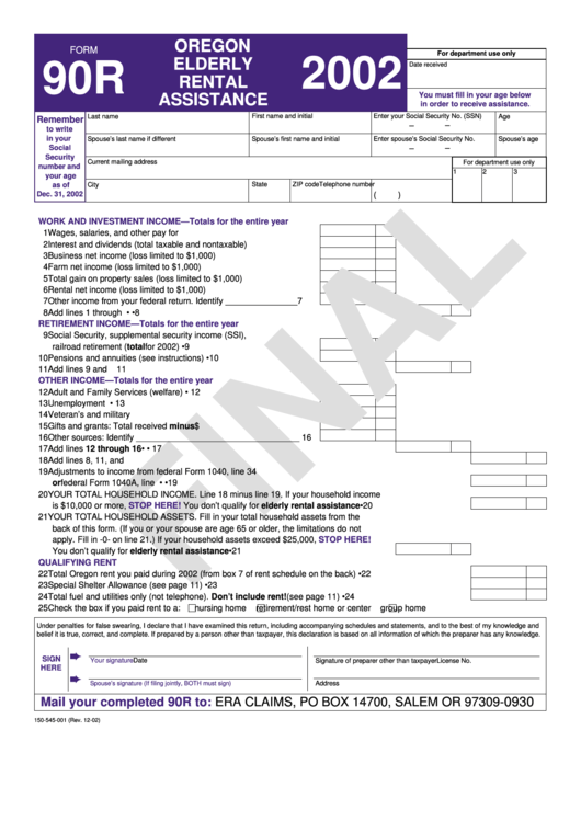 Form 90r Draft - Oregon Elderly Rental Assistance - 2002 Printable pdf