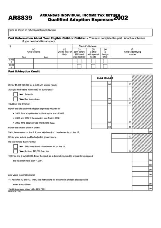 Form Ar8839 - Qualified Adoption Expenses -2002 Printable pdf