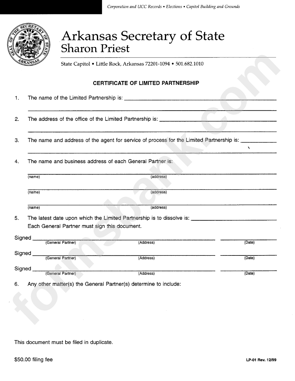 Form Lp-01 - Certifcate Of Limited Partnership - 1999
