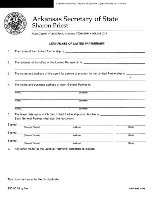 Form Lp-01 - Certifcate Of Limited Partnership - 1999 Printable pdf