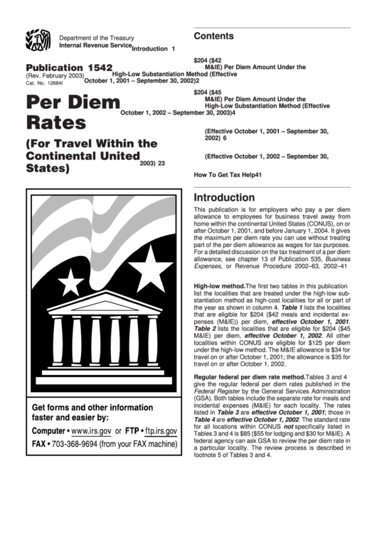Publication 1542 - Per Diem Rates (For Travel Within The Continental United States) Printable pdf