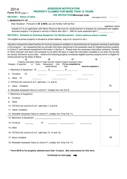 Form 801b - Assessor Notification Property Claimed For More Than 12 Years - 2014 Printable pdf