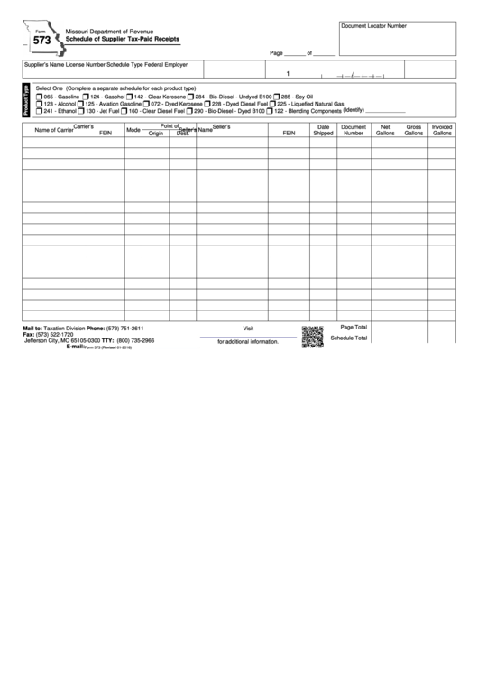 Fillable Form 573 - Schedule Of Supplier Tax-Paid Receipts - 2016 Printable pdf