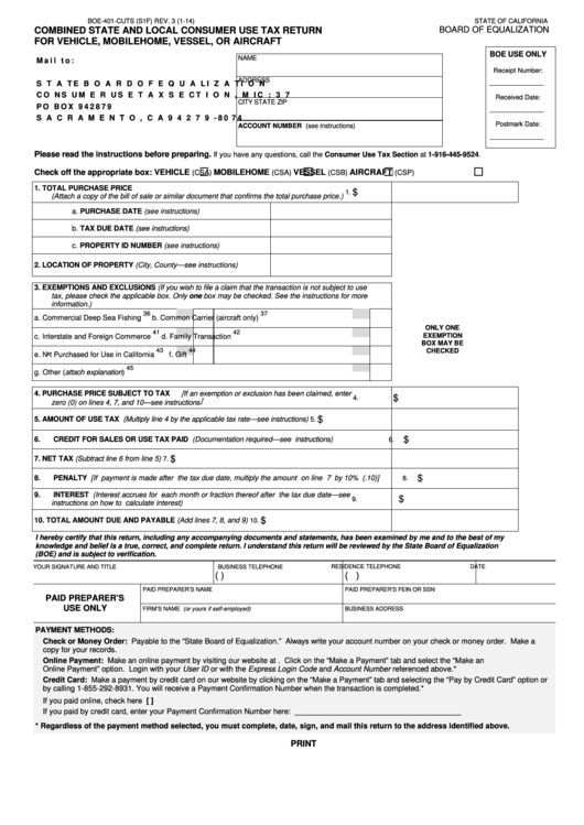 Fillable Form Boe-401-Cuts - Combined State And Local Consumer Use Tax Return For Vehicle, Mobilehome, Vessel, Or Aircraft - 2014 Printable pdf