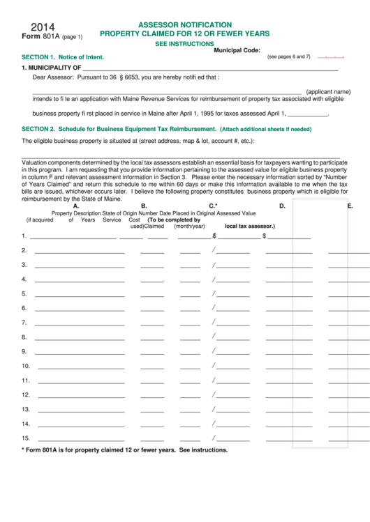 Form 801a - Assessor Notification Property Claimed For 12 Or Fewer Years - 2014 Printable pdf