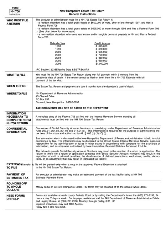 Form Nh 706 - New Hampshire Estate Tax Return - General Instructions Printable pdf