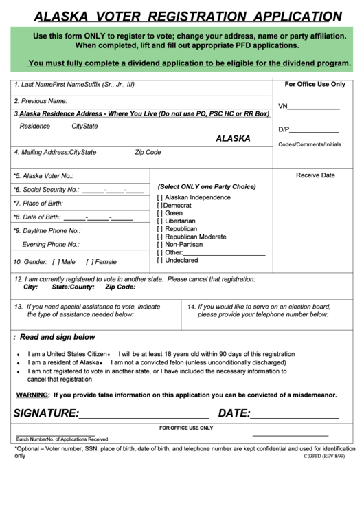 Form C03pfd - Alaska Voter Registration Application Printable pdf
