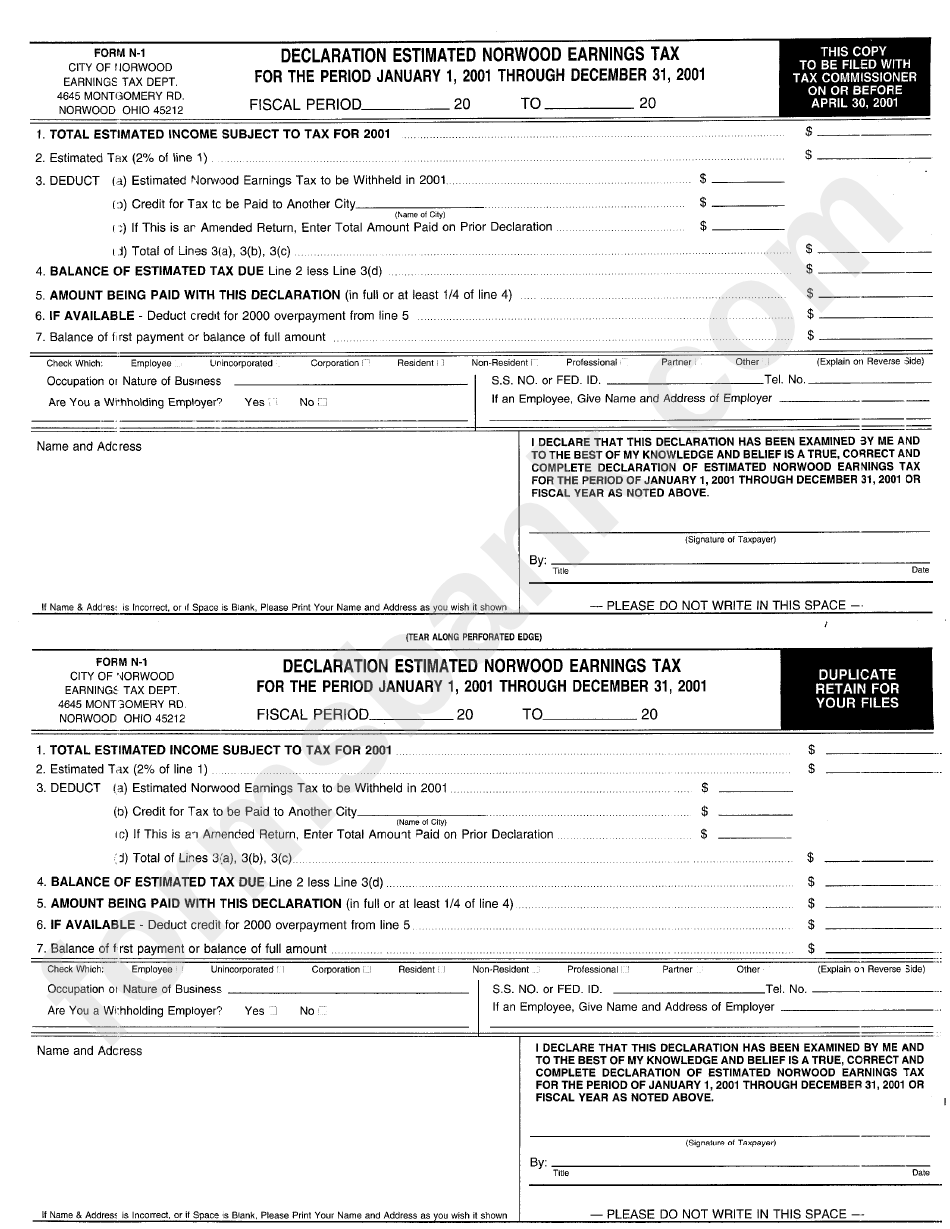 Form N-1 - Declaration Estmted Norwod Earnings Tax - 2001 printable pdf ...