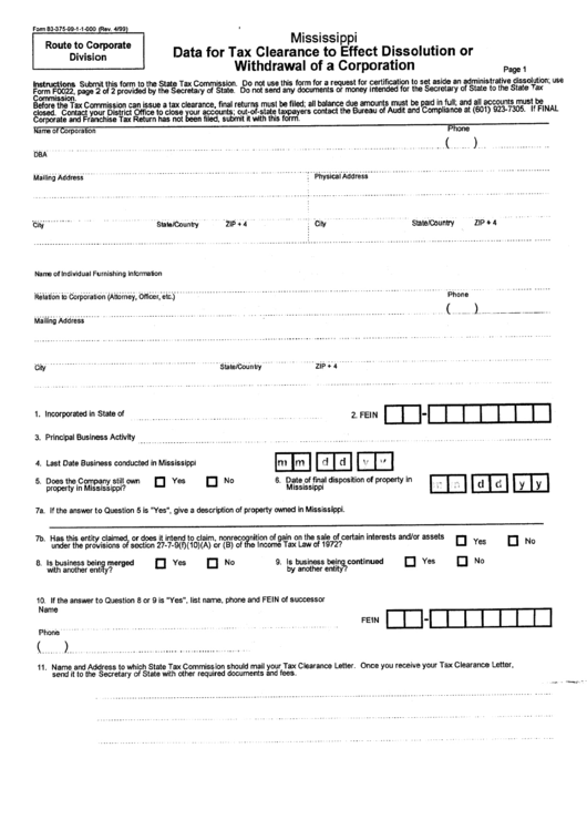 Form 83-375-99-1-1-000 - Data For Tax Clearance To Effect Dissolution Or Withdrawal Of A Corporation Printable pdf