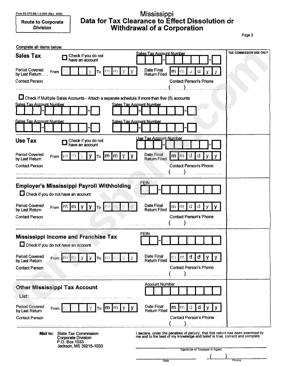 Form 83-375-99-1-1-000 - Data For Tax Clearance To Effect Dissolution Or Withdrawal Of A Corporation