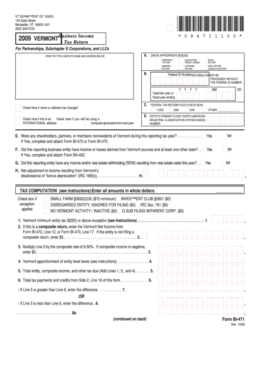 Form Bi-471 - Business Income Tax Return - 2009 Printable pdf