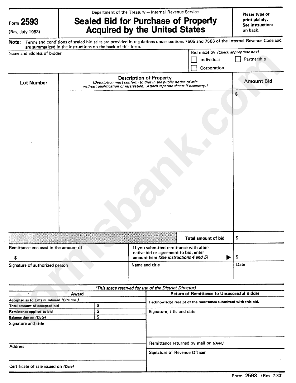 Form 2593 - Sealed Bid For Purchase Of Property Acquird By The United States - 1983