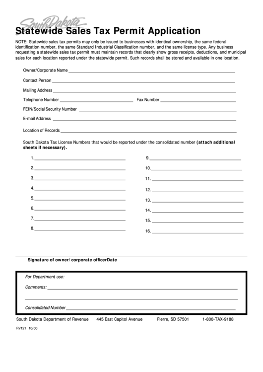 Form Rv121 - Statewide Sales Tax Permit Application Printable pdf