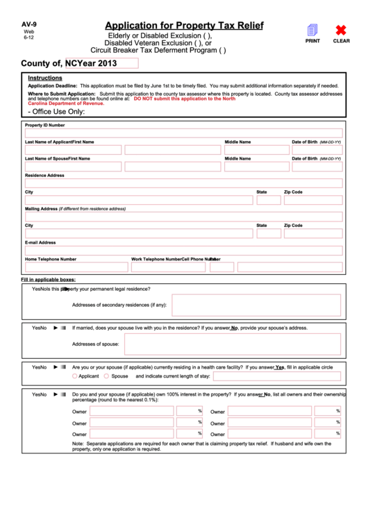 Form Av-9 - Application For Property Tax Relief - 2013 Printable pdf