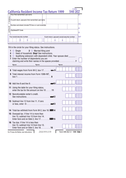 Form 540 2ez - California Resident Income Tax Return 1999 Printable pdf
