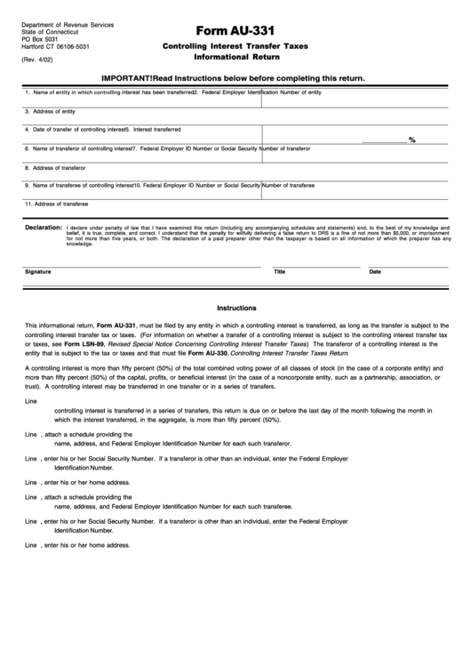 Form Au-331 - Controlling Interest Transfer Taxes Informational Return - 2002 Printable pdf