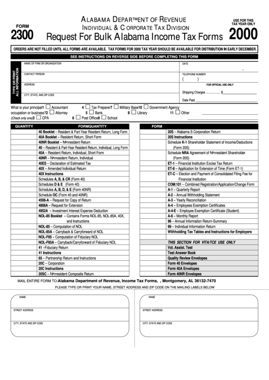 Form 2300 - Request For Bulk Alabama Income Tax 2000 Printable pdf
