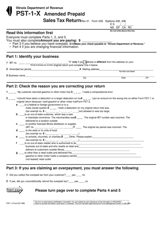 Form Pst 1 X Amended Prepaid Sales Tax Return Illinois Department 