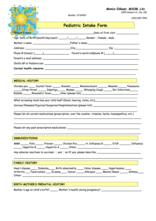 Pediatric Intake Form Printable pdf