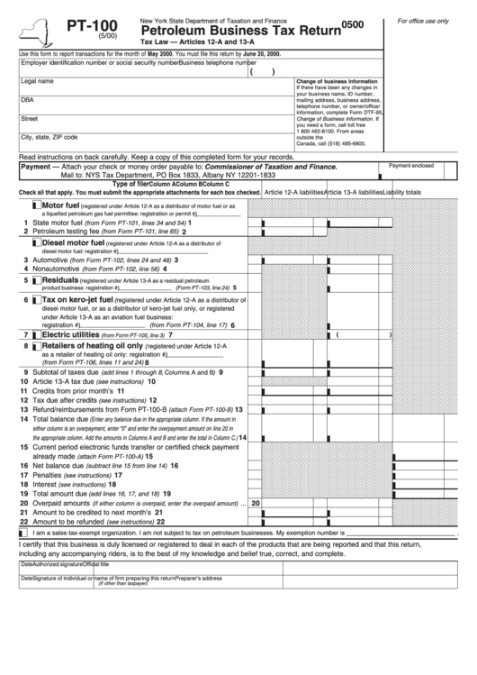 Form Pt-100 - Petroleum Business Tax Return - New York State Department Of Taxation And Finance Printable pdf