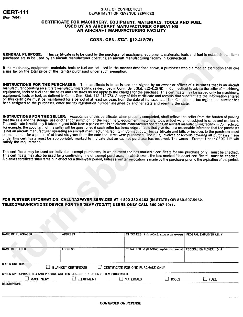 Form Cert-111 - Certificate For Machinery, Equipment, Materials, Tools And Fuel Used By An Aircraft Manufacturer Operating An Aircraft Manufacturing Facility