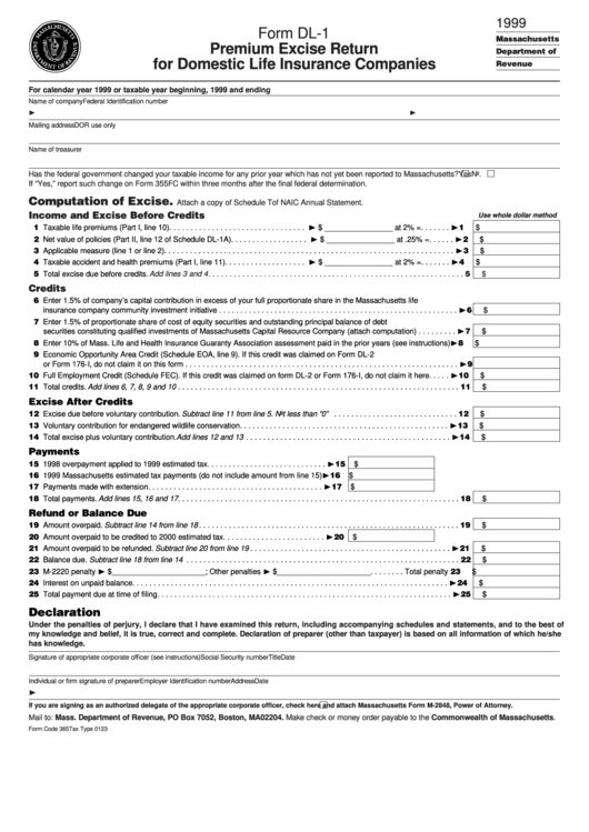 Form Dl-1 - Premium Excise Return For Domestic Life Insurance Companies - 1999 Printable pdf