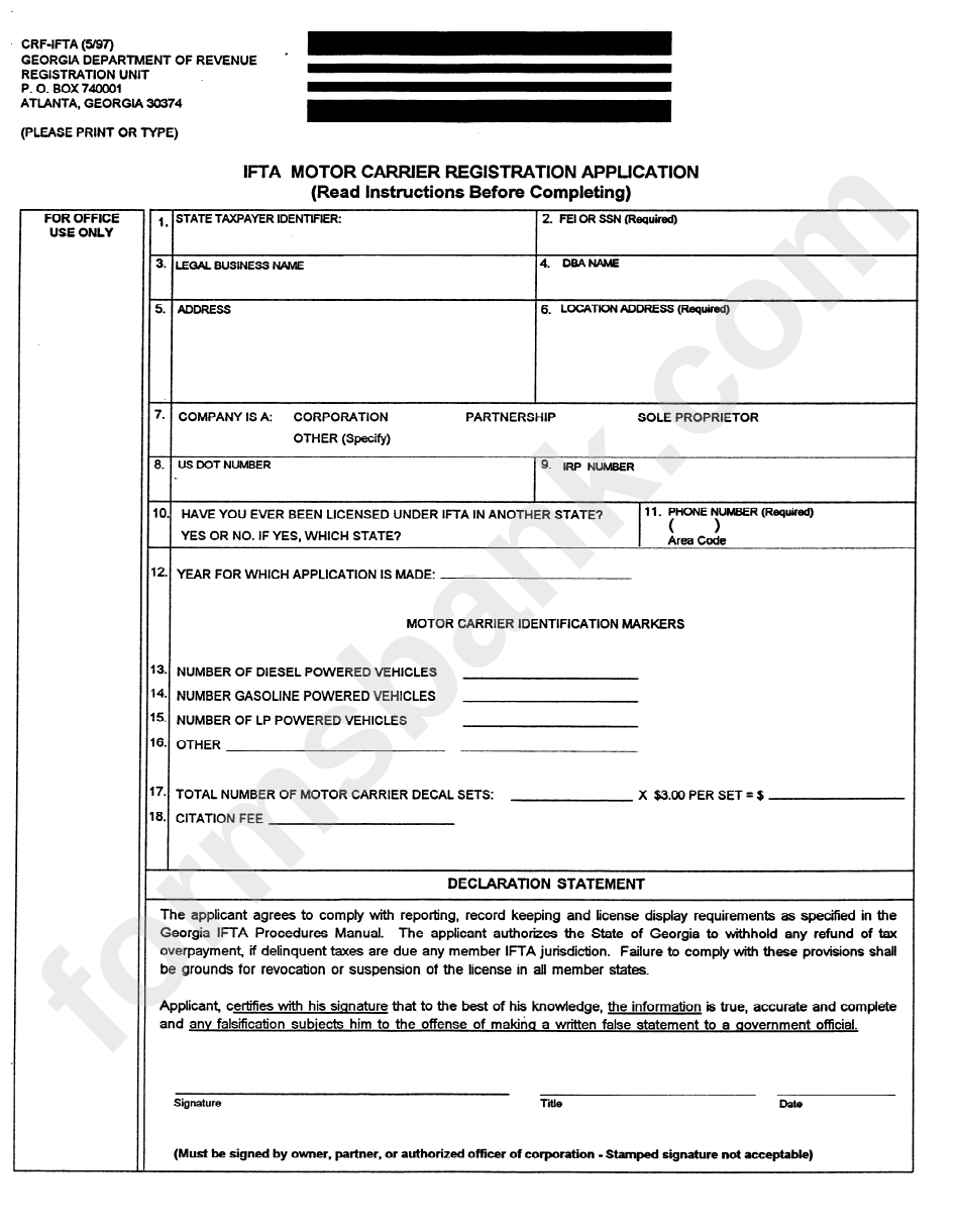 Form Crf-Ifta - Ifta Motor Carrier Registration Application - 1997