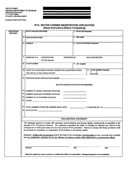 Form Crf-Ifta - Ifta Motor Carrier Registration Application - 1997 Printable pdf