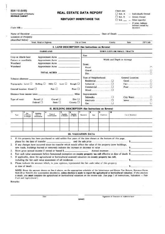 Form 92a110 - Real Estate Data Report - 1995 Printable pdf