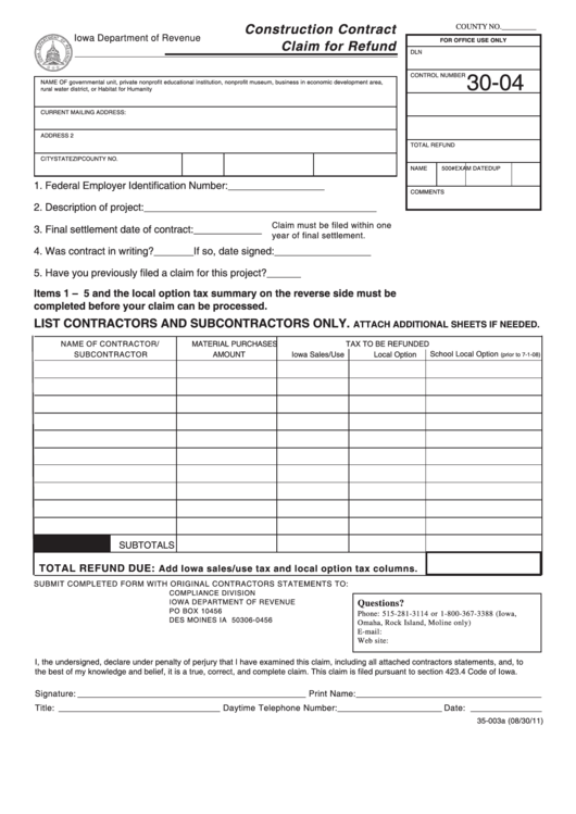 Form 35-003a - Construction Contract Claim For Refund - 2011 Printable pdf