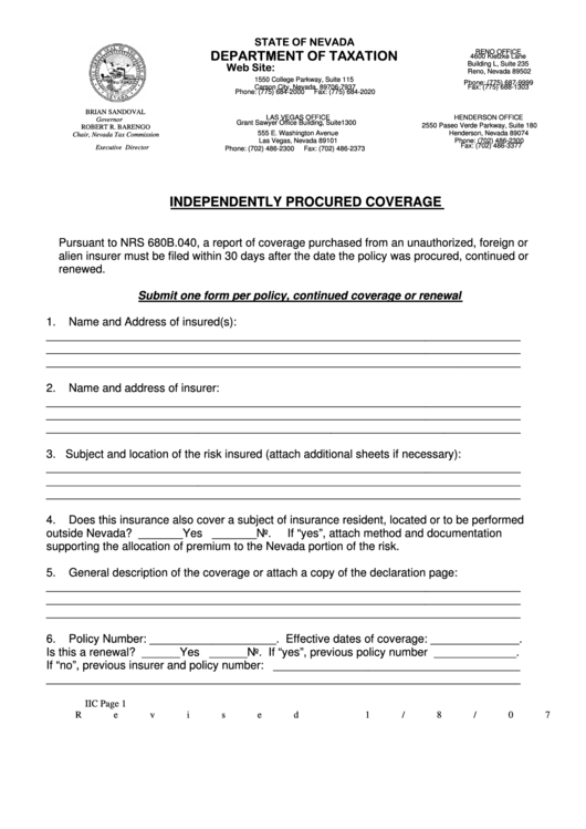 Independently Procured Coverage Form - Nevada Department Of Taxation Printable pdf