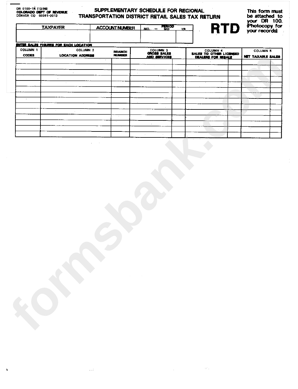 Form Dr 0100-1r - Supplementary Schedule For Regional Transportation District Retail Sales Tax Return - Colorado Department Of Revenue