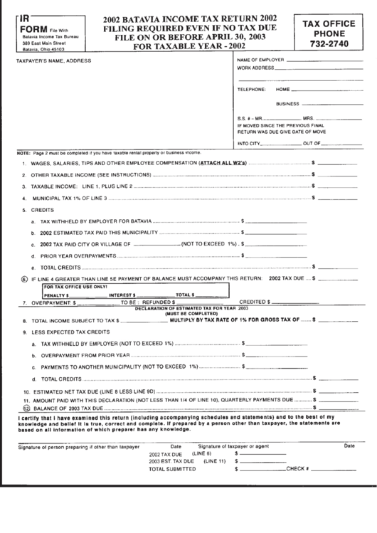 Ir Form - Batavia Income Tax Return - 2002 Printable pdf