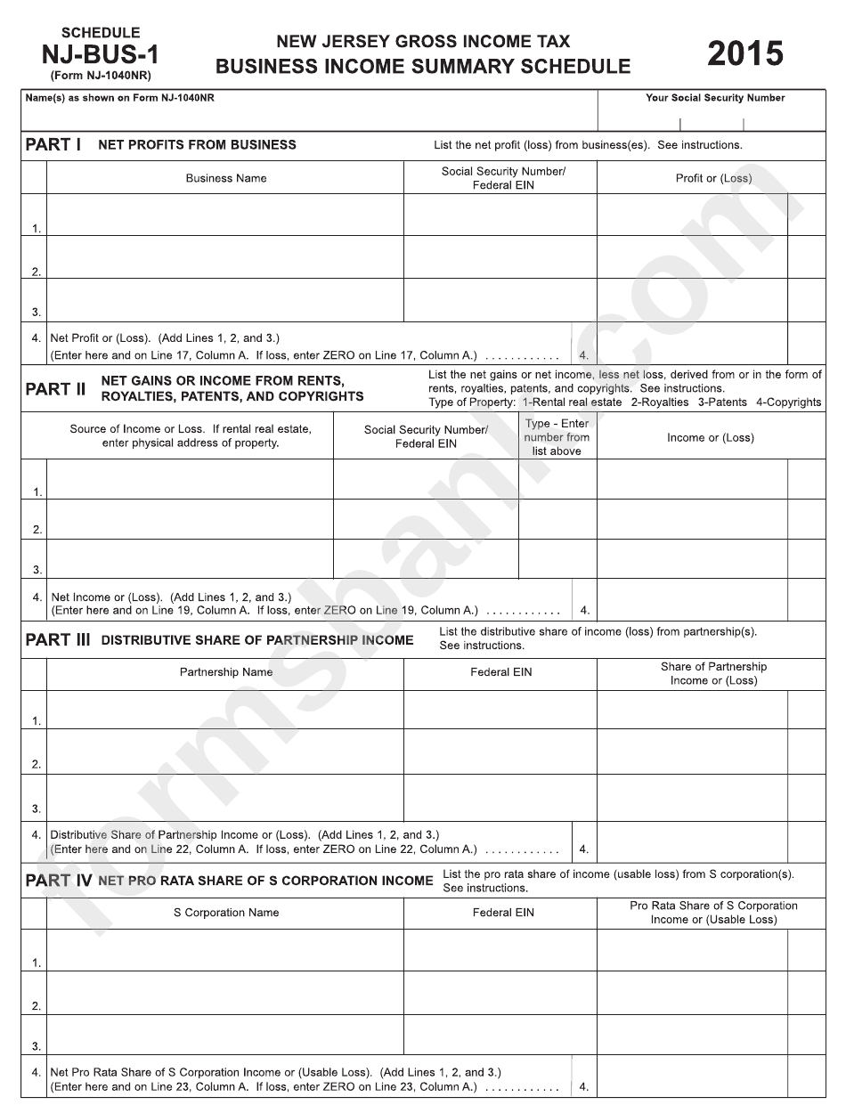 Form Nj-1040nr -Business Income Summary Schedule - Schedule Nj-Bus-1 - New Jersey Gross Income Tax - 2015