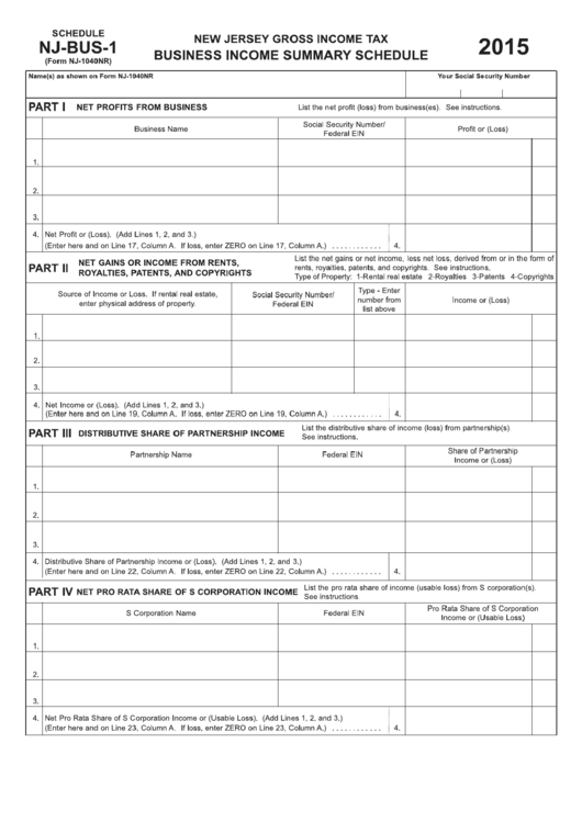Fillable Form Nj-1040nr -Business Income Summary Schedule - Schedule Nj-Bus-1 - New Jersey Gross Income Tax - 2015 Printable pdf