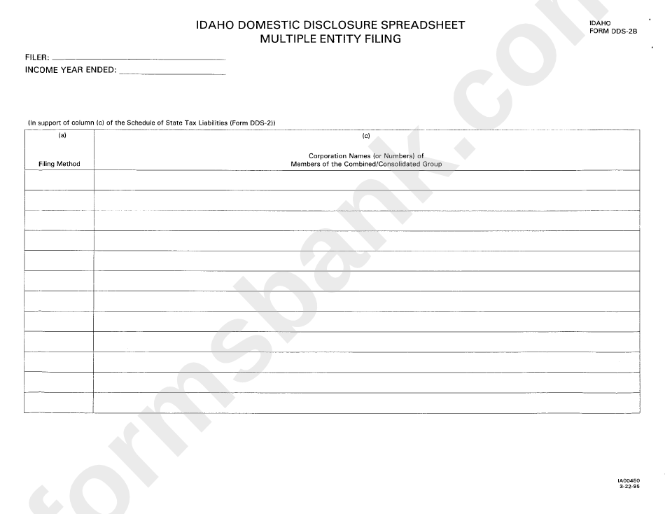 Form Dds-2b - Idaho Domestic Disclosure Spreadsheet Multiple Entity Filing - 1995