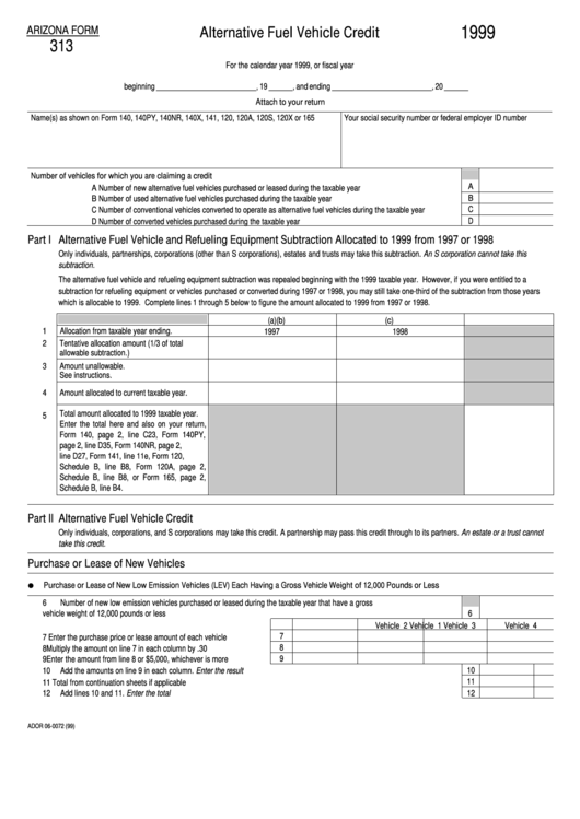 Fillable Form 313 - Alternative Fuel Vehicle Credit (1999) - Arizona Printable pdf