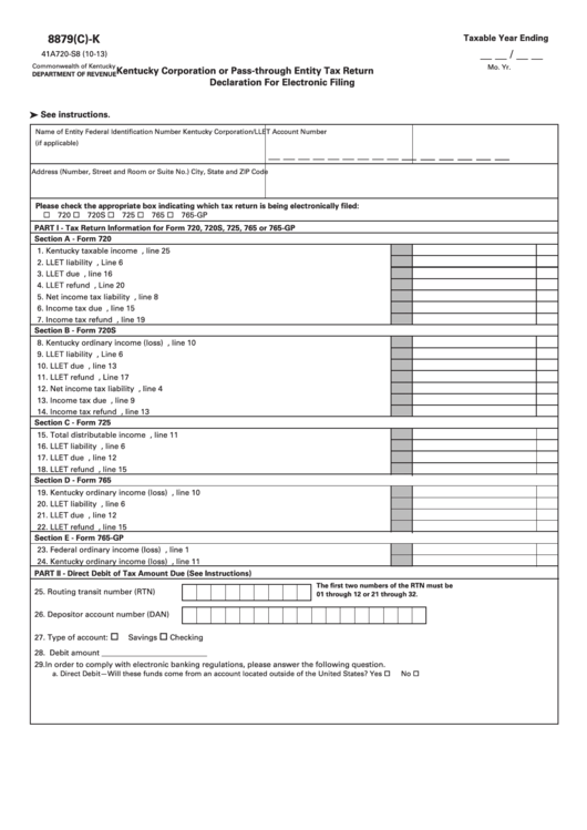 Form 8879(C)-K - Kentucky Corporation Or Pass-Through Entity Tax Return Declaration For Electronic Filing 2013 Printable pdf