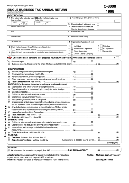 Fillable Form C-8000 - Single Business Tax Annual Return - 1998 Printable pdf