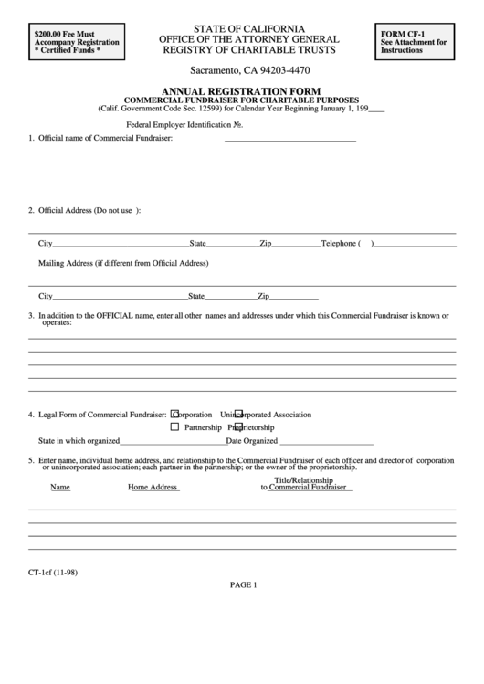 Form Cf-1 - Annual Registration Form Commercial Fundraiser For Charitable Purposes - California Office Of The Attorney General Printable pdf