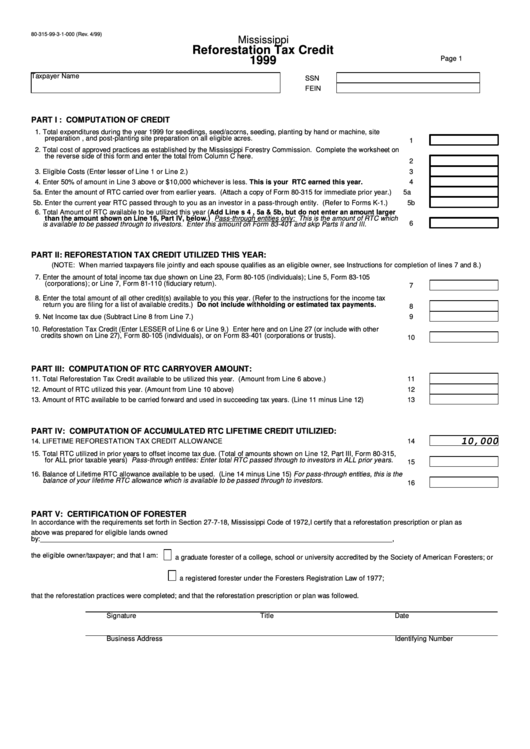 Reforestation Tax Credit - 1999 Printable pdf