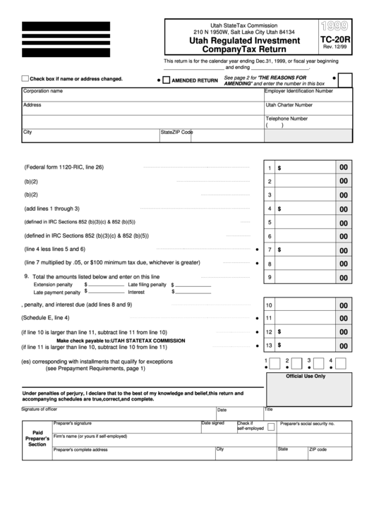 Form Tc-20r - Utah Regulated Investment Company Tax Return - 1999 Printable pdf
