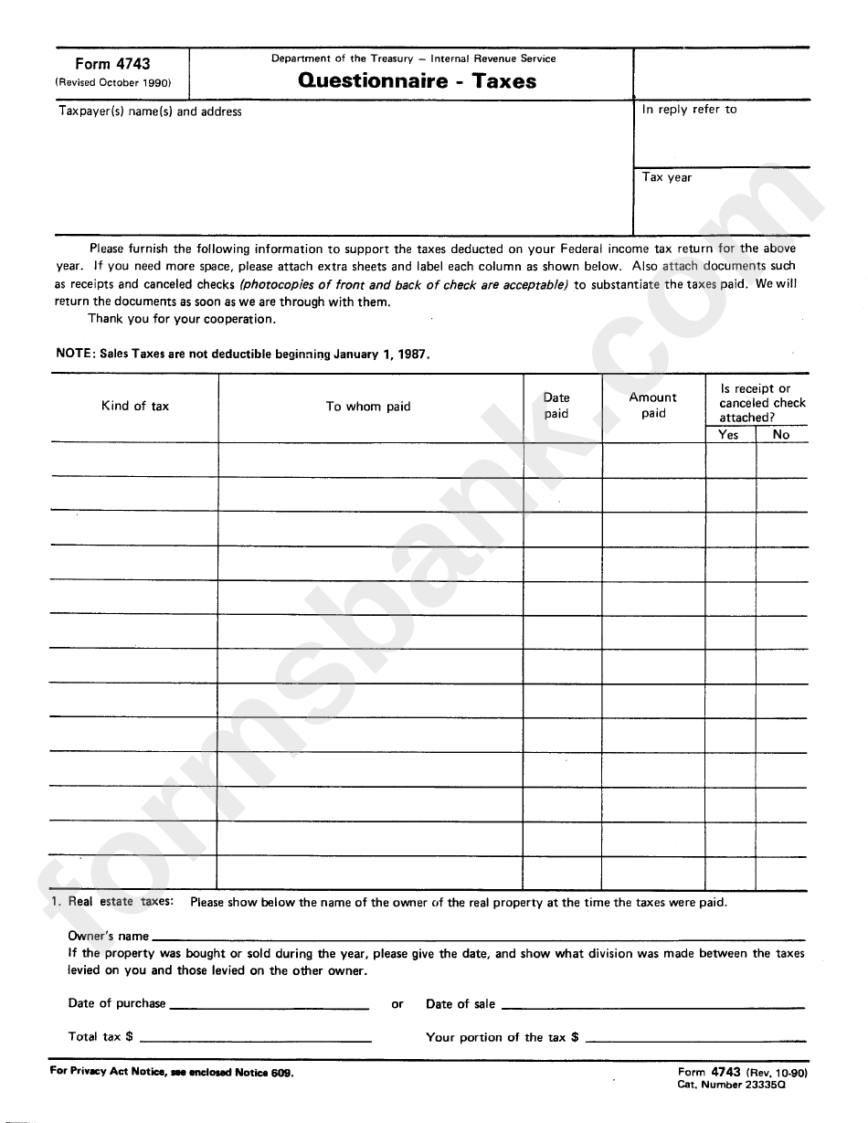 Form 4743 - Questionnaire-Taxes - 1990