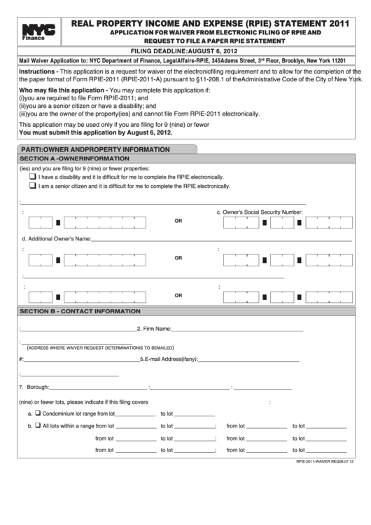 Real Property Income And Expense (Rpie) Statement Form - 2011 Printable pdf