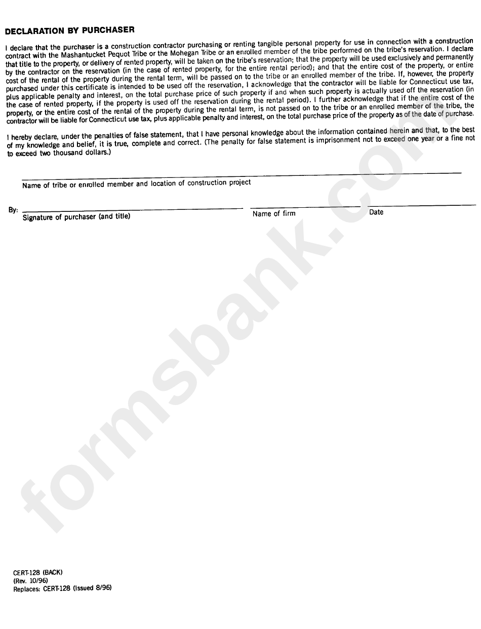 Form Cert-128 - Certificate For Exempt Purchases By Contractors In Connection With Construction Projects On The Mashantucket Pequot Or Mohegan Reservations