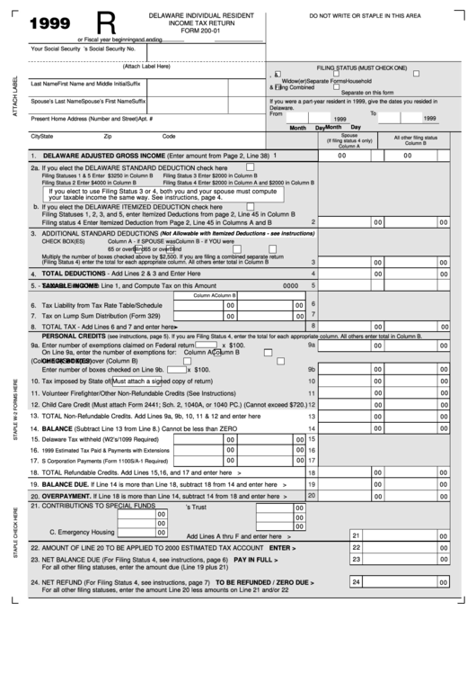 Form 200-01 - Delaware Individual Resident Income Tax Return (1999) Printable pdf